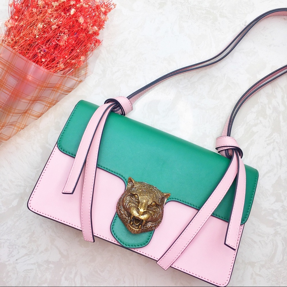 Gucci cruise 2016 Animalier Tiger Head Shoulder Pink Green leather flap bag